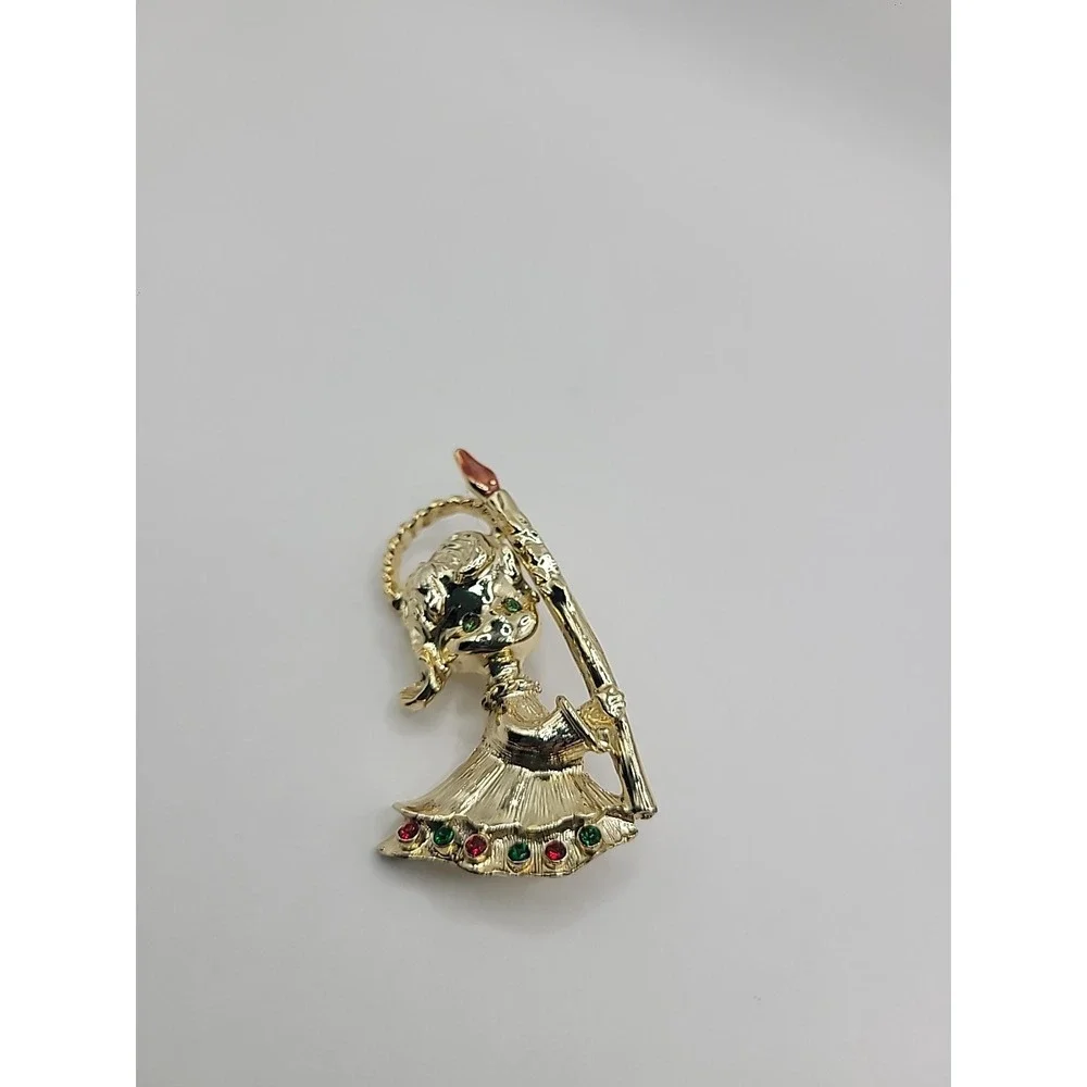 Vintage‎ Christmas Girl Holding Candle Brooch Gold Tone Red Green Rhinestone Pin